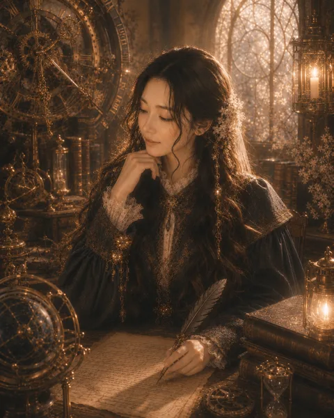 Portrait of Lacunae, the creator, writing by candlelight