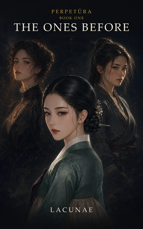The cover of Perpetura Book One, The Ones Before: three women against a dark ground marked with faint gold astrolabe circles. In front, a woman in a jade-green jeogori and pale skirt, her black hair in a braided bun held by a jewelled pin. Behind her on one side a woman with dark curls in a high-necked black gown, on the other a woman in dark layered robes with a leather belt.