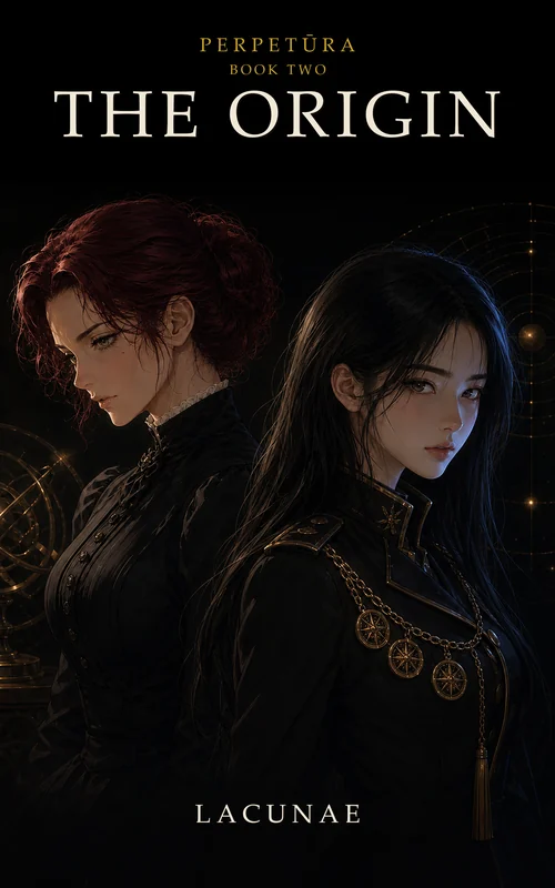 The cover of Perpetura Book Two, The Origin: two women standing back to back against near black, a brass armillary sphere at one side and faint gold orbit rings at the other. On the left a woman with dark red hair pinned up, in a high-necked black Victorian gown, seen in profile. On the right a woman with long black hair in a black military-cut coat hung with gold compass-rose medallions on a chain.